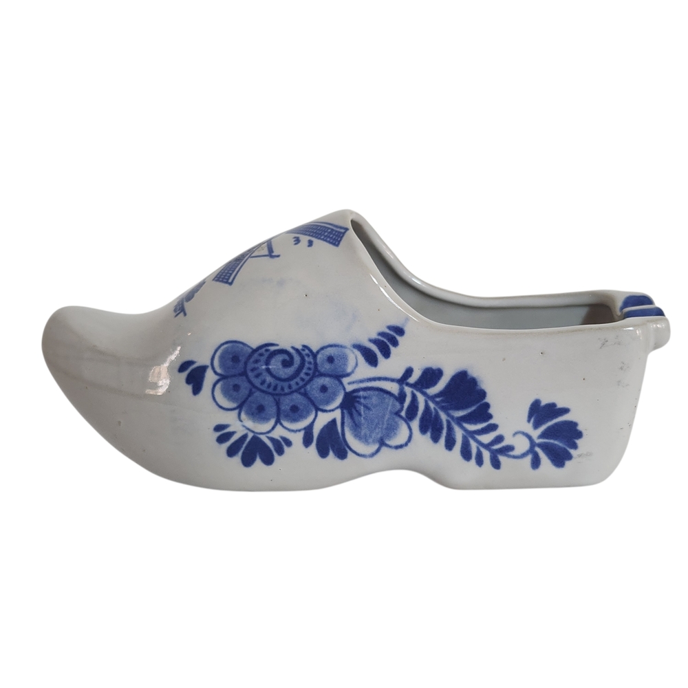 Vintage Ceramic Blue Dutch Clog Shoe Trinket Dish Windmill Floral Handpainted 7"